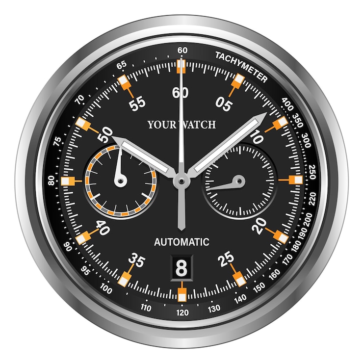 Vecteur réaliste noir argent noir cadran de montre chronographe flèche grise numéro blanc vecteur de luxe