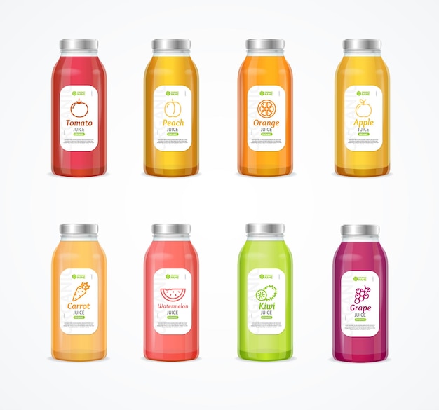 Vecteur realistic detailed 3d full juice color bottle with lables or emblems set vector illustration of bottles