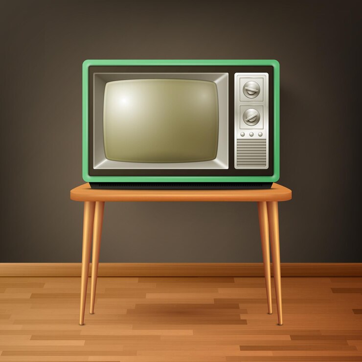 Vecteur récepteur de télévision réaliste 3d vectoriel sur plancher en bois concept de conception d'intérieur de la maison récepteur d'tv vintage vue avant de la télévision