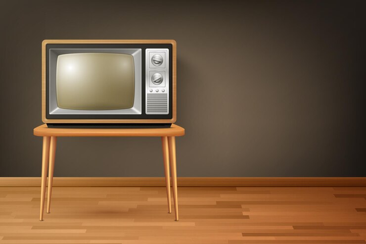 Vecteur récepteur de télévision réaliste vectoriel 3d sur plancher en bois intérieur de la maison