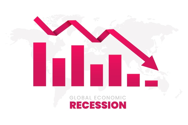 Vecteur récession économique, chute des affaires mondiales avec flèche descendante et carte du monde.