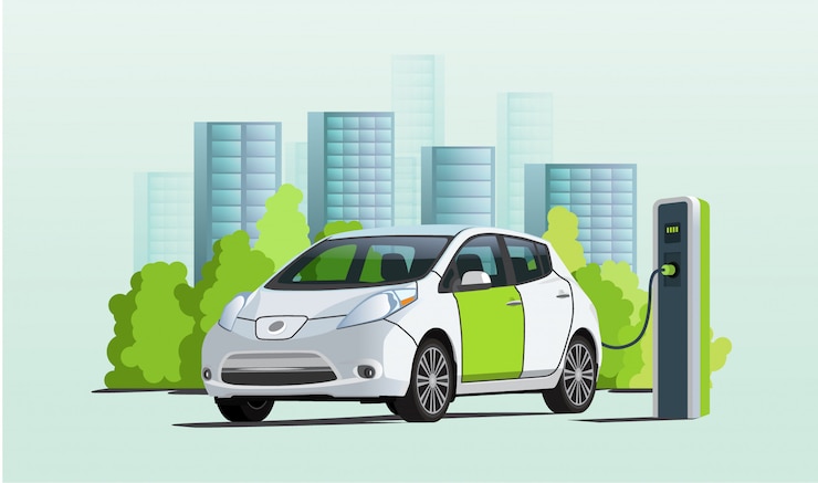 Vecteur recharge de voiture électrique à la station de charge, paysage urbain sur fond