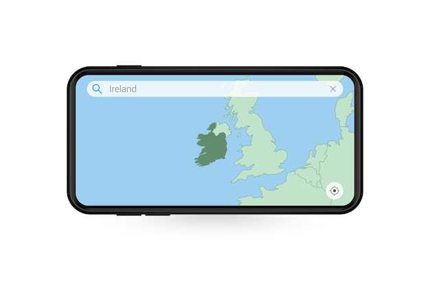 Recherche de carte de l'Irlande dans l'application de carte Smartphone. Carte de l'Irlande dans le téléphone portable.