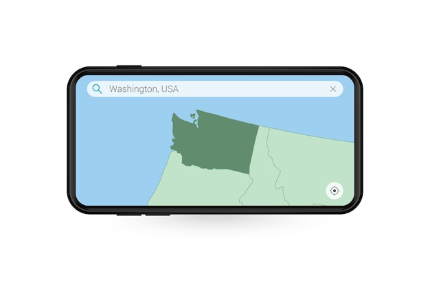 Recherche de la carte de Washington dans l'application Smartphone Map. Carte de Washington dans le téléphone portable.