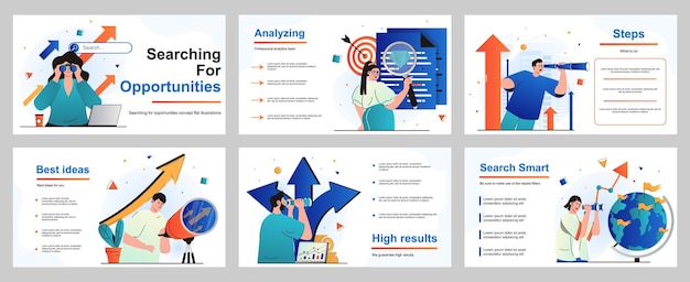 Vecteur recherche de concept d'opportunités pour le modèle de diapositive de présentation personnes à la recherche d'un télescope