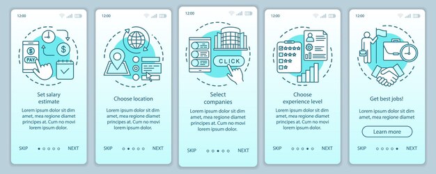 Recherche d'emplois à temps partiel modèle vectoriel d'écran de page d'application mobile d'intégration turquoise. Sélectionnez les entreprises. Étapes du site Web avec des illustrations linéaires. UX, UI, concept d'interface de smartphone GUI