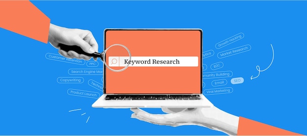Recherche de mots clés sur ordinateur portable collage de bannières concept vintage demi-ton pour la publicité SEO et en ligne