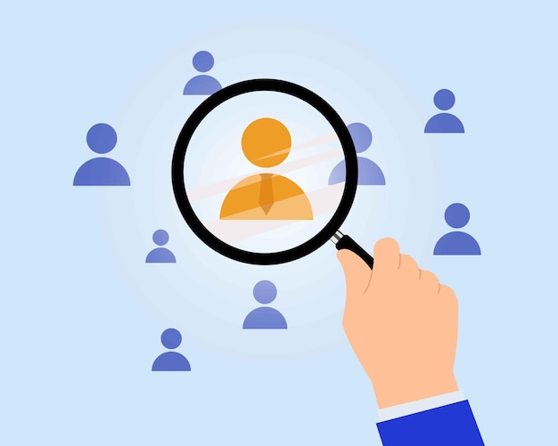 Recherche par loupe parmi les icônes d'employés pour le recrutement de développement des employés