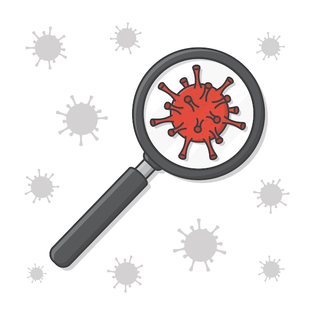 Recherche de virus sous l'illustration d'icône de vecteur de loupe. Loupe sur l'icône plate de la molécule de coronavirus