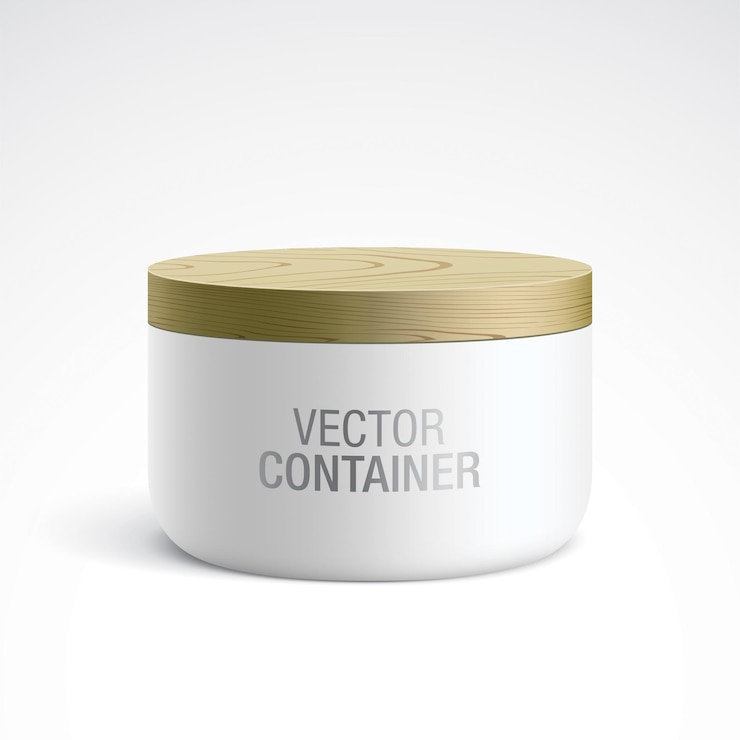 Vecteur récipient blanc recouvert d'un couvercle en bois. maquette vectorielle réaliste du pot rond en céramique ou en plastique de petite taille, pour la conception de cosmétiques, debout sur un fond dégradé clair.
