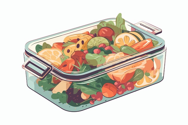 Vecteur récipient en verre écologique emballé hermétique boîte à lunch réutilisable avec des aliments faits maison isolé sur fond blanc illustration de dessin animé de vecteur