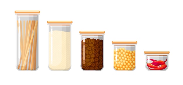 Vecteur récipients de stockage des aliments avec pâtes, farine, grains de café, pois et piments forts.