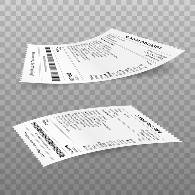 Reçoit L'illustration Vectorielle De Factures De Papier De Paiement Réalistes Pour Les Transactions En Espèces Ou Par Carte De Crédit.