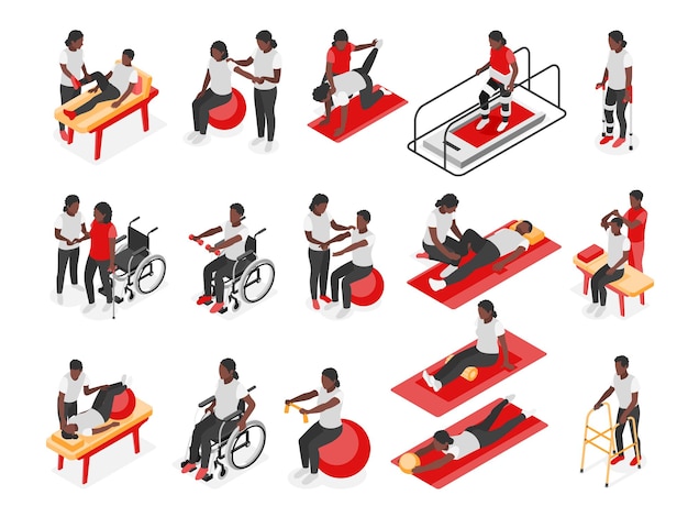 Vecteur recoloration isométrique de physiothérapie et de réadaptation sertie d'illustration vectorielle de symboles de fitness isolés