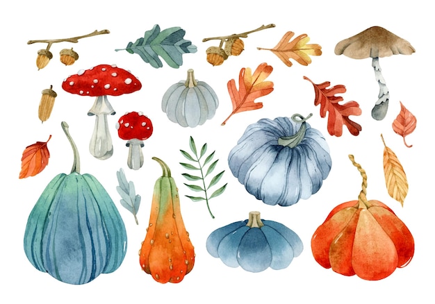 Récolte de citrouille et feuilles d'automne ensemble d'éléments d'aquarelle de glands