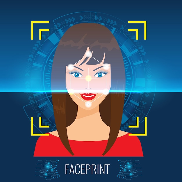 Vecteur reconnaissance faciale vectorielle ou technologie faceprint scannant le visage de la femme avec un arrière-plan technologique abstrait