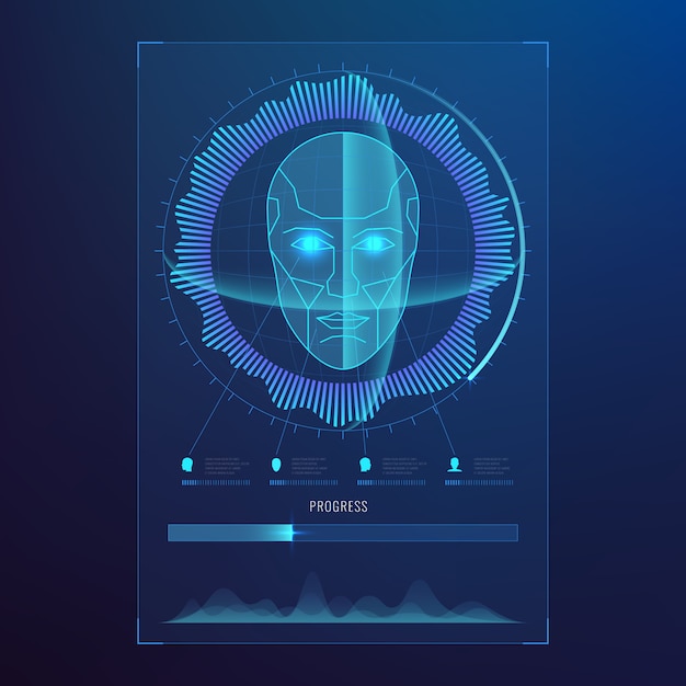 Vecteur reconnaissance numérique du visage, balayage biométrique de la carte d'identité vers un résumé d'accès sécurisé