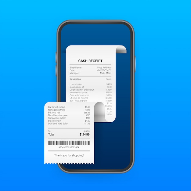 Reçu Pour L'écran Du Smartphone. Payer Le Reçu D'impôt En Ligne Carte De Visite Pour Application Mobile. Application De Banque Mobile. Illustration.