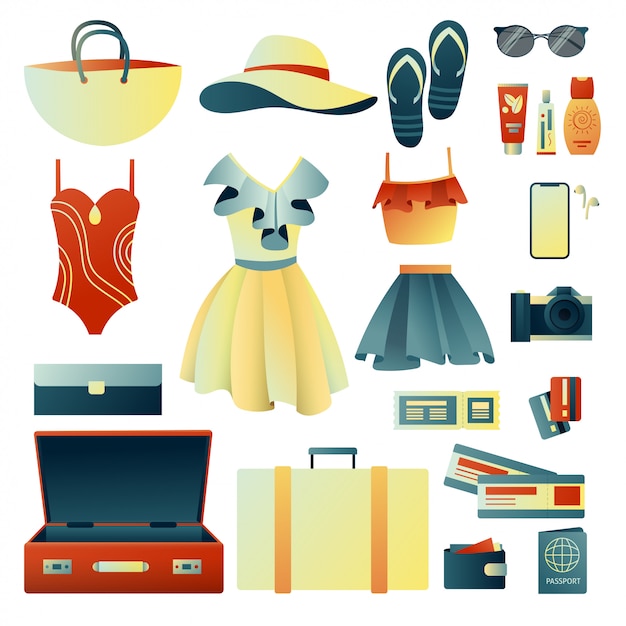 Récupérer Une Valise En Voyage: Vêtements, Documents, équipement. Trucs De Voyage. Planification De Vacances D'été, Tourisme. Illustration Tendance Colorée. Design Plat. Illustration