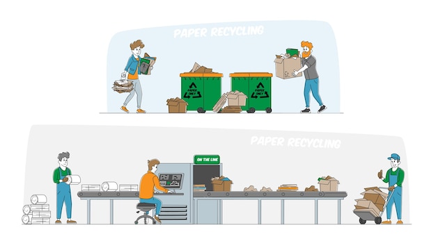 Vecteur recyclage et séparation du concept de poubelle en papier et carton
