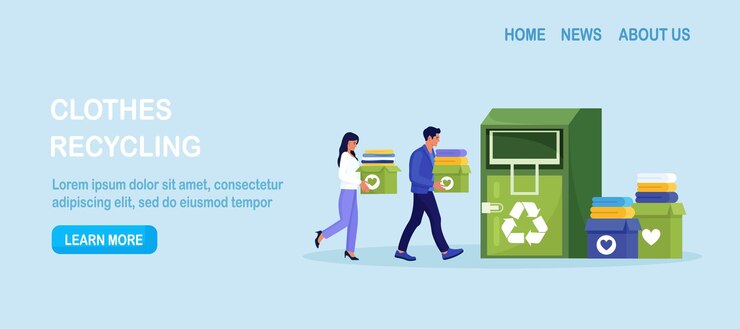 Vecteur recyclage des vêtements les gens mettent des vêtements de tri dans un conteneur de rue urbain pour l'aide humanitaire sociale textile en tissu recyclé et production respectueuse de l'environnement bénévoles faisant un don à une association caritative réutilisation des vêtements