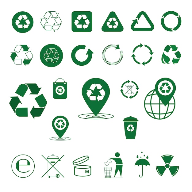 Recycler Les Déchets Symbole Flèches Vertes Logo Set Collection D'icônes Web