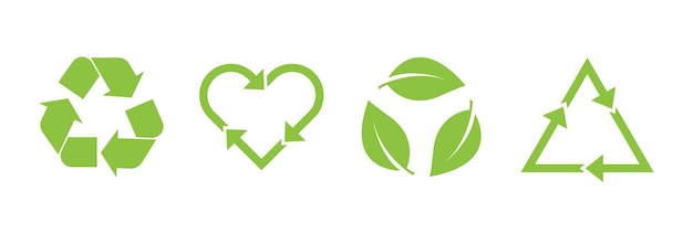 Vecteur recycler le jeu d'icônes vectorielles flèches coeur et feuille recycler le symbole éco vert angles arrondis