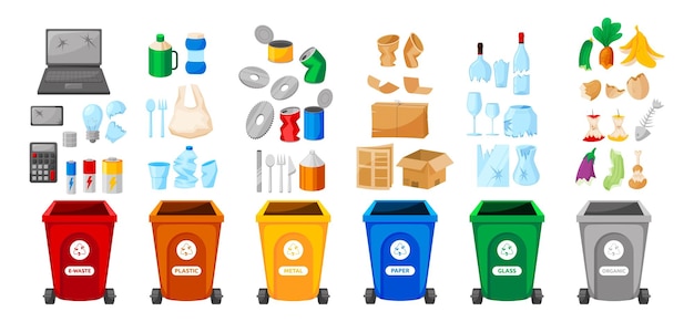 Vecteur recycler les ordures réutiliser la poubelle pour séparer le verre organique et le papier plastique et les déchets métalliques divers types de déchets tombent dans les poubelles éléments écologiques conteneur vectoriel et ensemble de déchets