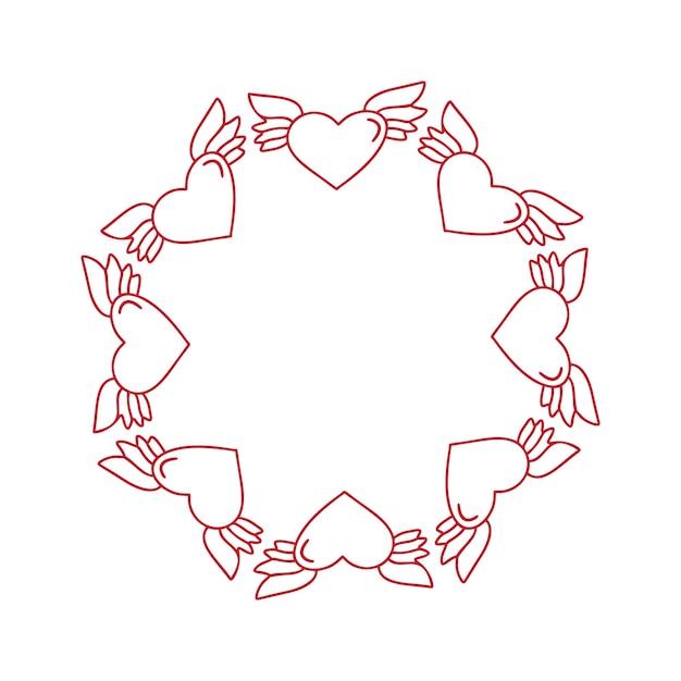 Red Love Monoline Icône Vecteur Cadre Doodle Coeurs Avec Des Ailes. Couronne Dessinée à La Main Saint Valentin Avec Fond.