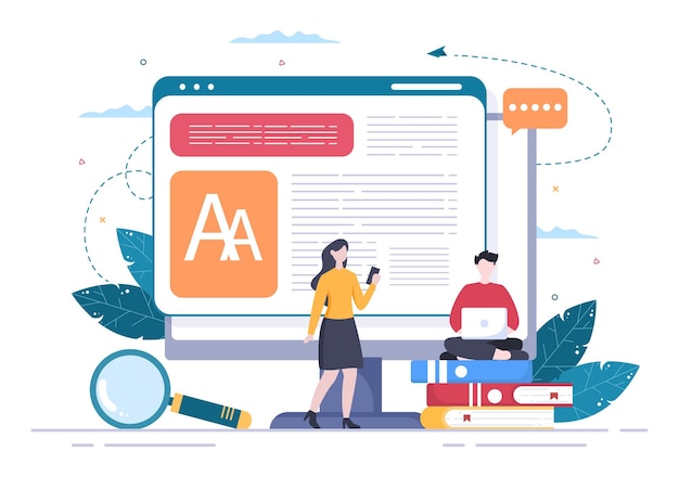 Rédacteur de contenu ou journaliste de fond Illustration vectorielle pour la rédaction, la recherche, l'idée de développement et le roman ou le script de livre dans un style plat
