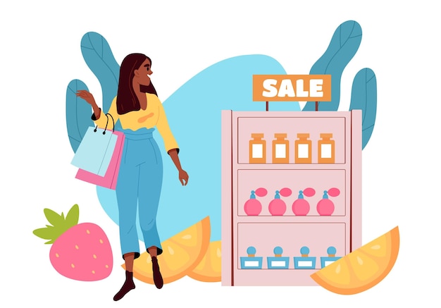 Réduction Sur Les Parfums Concept Fille Avec Des Sacs D'achat Dans Le Magasin Ou Le Magasin Client Et Client Sur Le Marché