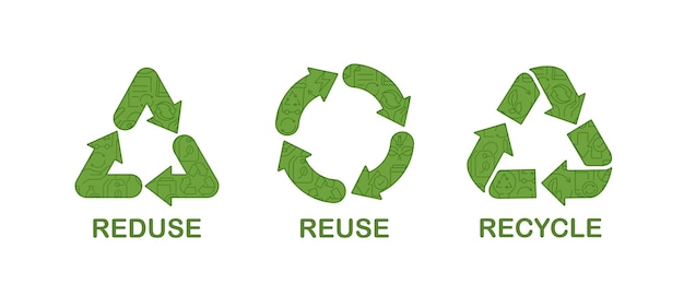 Réduire la réutilisation, recycler le symbole, le concept écologique, la gestion des déchets écologiques et un mode de vie durable et économique, le signe du recyclage, l'information sur les marchandises transportées, le vecteur.