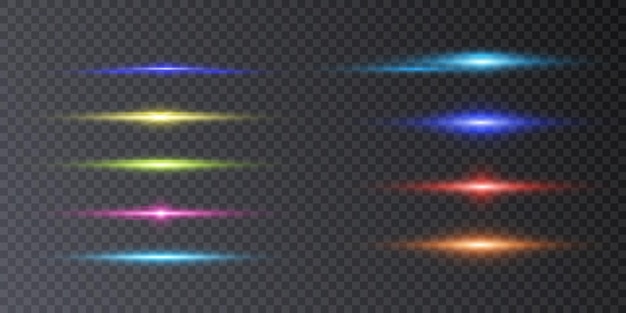 Reflets horizontaux lumineux Faisceaux de lumière laser Bandes lumineuses sur fond transparent