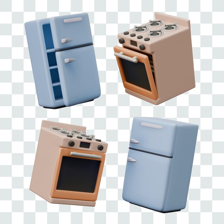 Vecteur réfrigérateur et poêle à gaz réalistes avec four appareils de cuisine avec portes ouvertes et fermées