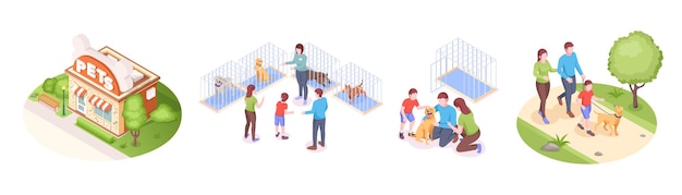 Un Refuge Pour Animaux De Compagnie Et Une Famille D'adoption D'animaux Emmènent Un Chien à La Maison Vector Ensemble Isométrique Famille Heureuse Avec Enfant