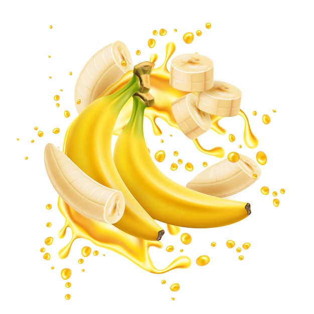 Régime De Banane Avec Anneaux Pelés Dans Un Tourbillon D'exploitation De Jus Jaune Fruit Naturel Réaliste