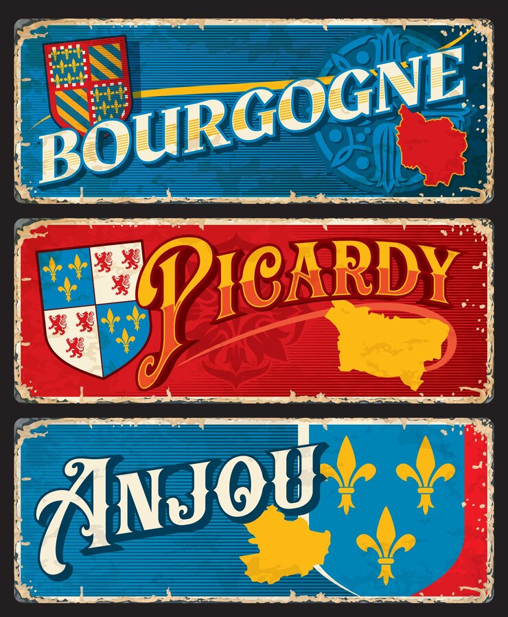 Régions Bourgogne, Picardie et Anjou en France