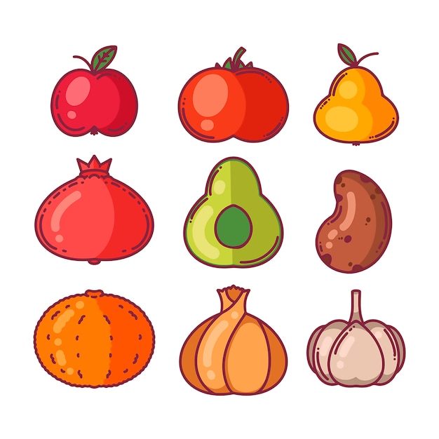 Vecteur réglez les légumes et les fruits. style de bande dessinée, illustration vectorielle.