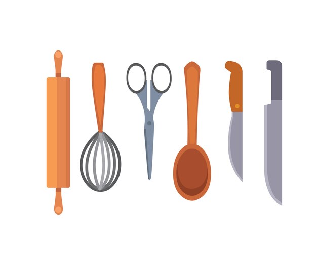 Réglez les ustensiles de cuisine. style des outils de cuisine. faire cuire des objets d'équipement.