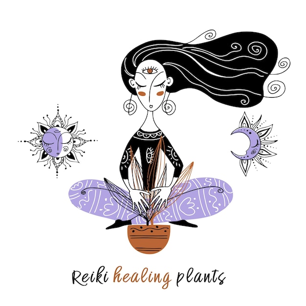 Vecteur reiki guérissant les plantes la jeune fille dirige une séance de guérison reiki pour la fleur logo vector