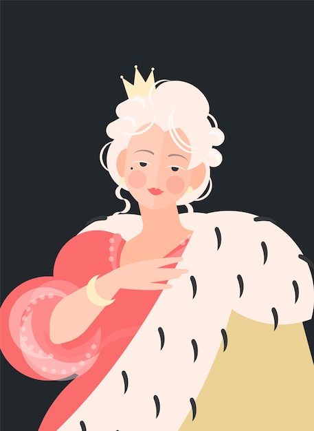 Reine Fille Avec Une Couronne Dans Une Robe Avec Une Cape Royale. Noble Portrait Du 18-19ème Siècle. Illustration Colorée Dans Un Style Cartoon Plat.