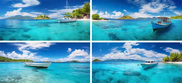 Vecteur relaxation des caraïbes vague paradisiaque océan tranquille palmier soleil nuage bleu transparent à l'extérieur