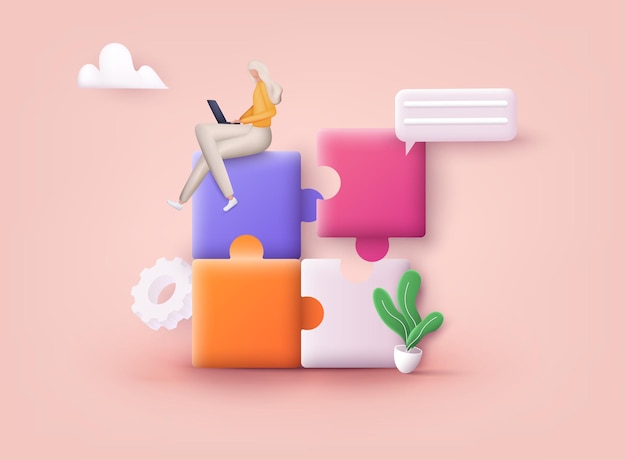 Relier les éléments du puzzle Métaphore d'équipe Approche d'affaires Brainstorming Web 3D Illustrations vectorielles