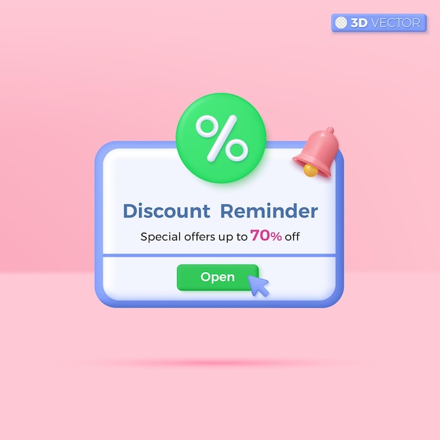 Remarque de remise Notifications symboles d'icône de bannière boîte pop-up avec signe de pourcentage et cloche rose coupon cadeau achat ou abonnement concept 3D vecteur illustration isolée pastel dessin animé Minimal