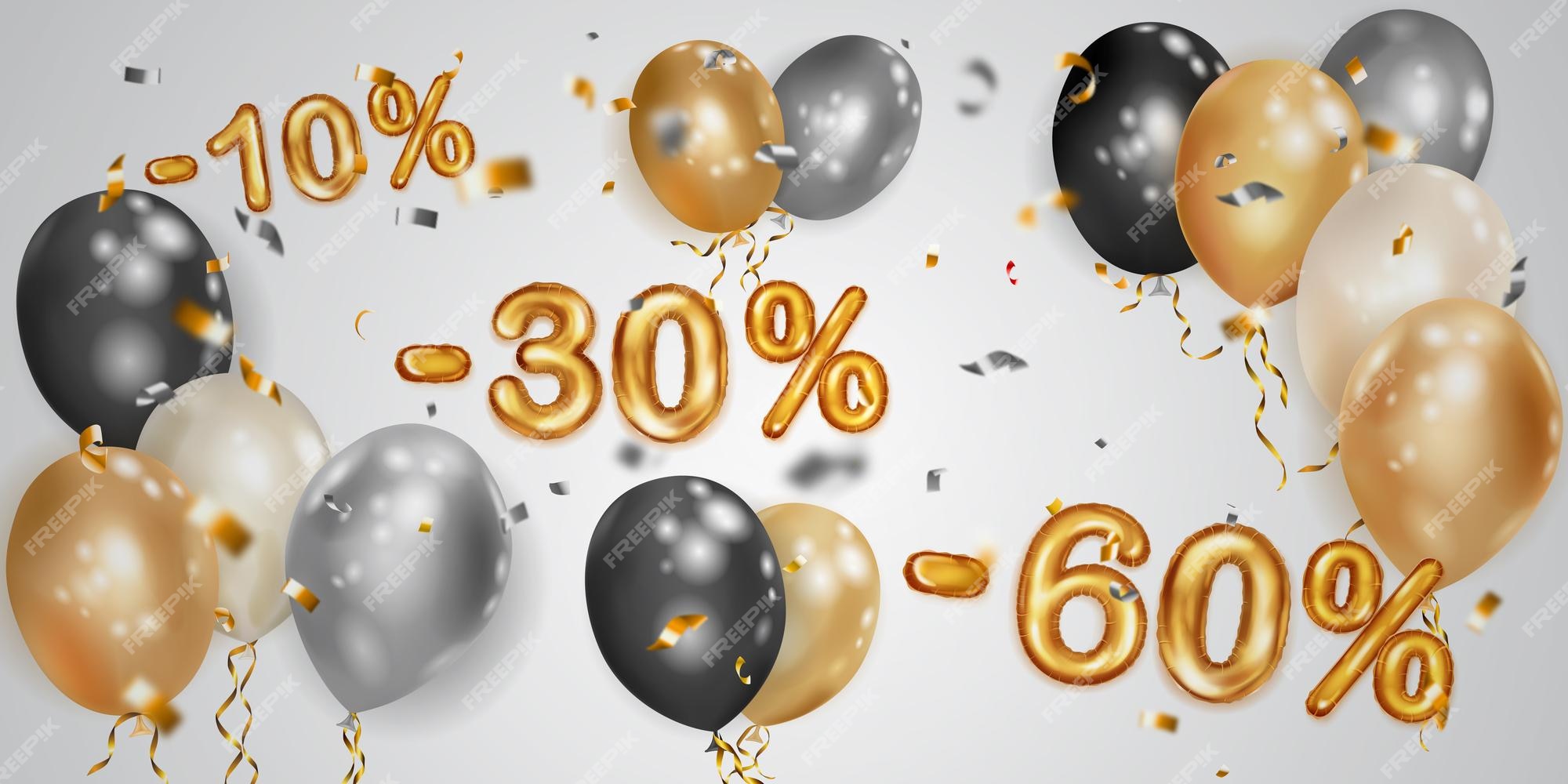 Remise Illustration Créative Avec Des Ballons Volants à L'hélium Blanc Noir  Et Or Et Des Numéros De Feuille D'or 10 30 60 Pour Cent De Réduction  Affiche De Vente Avec Offre Spéciale