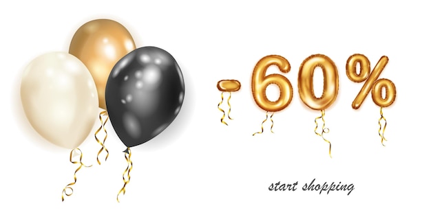 Vecteur remise illustration créative avec des ballons volants à l'hélium blanc noir et or et des numéros de feuille d'or 60% de réduction affiche de vente avec offre spéciale sur fond blanc