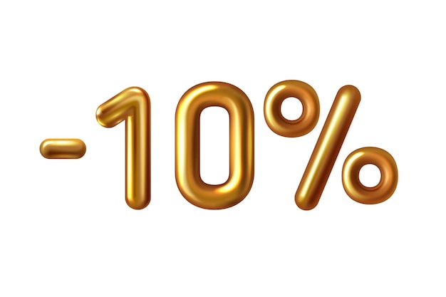 Vecteur remise shopping réaliste ballon doré moins dix pour cent symbole 3d numéro 10 feuille métallique dorée avec paillettes vente dorée 10 pour cent de réduction publicité vente et promotion en magasin