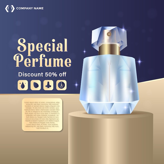 Remise spéciale sur les parfums et les diamants à 50% avec un modèle de podium.