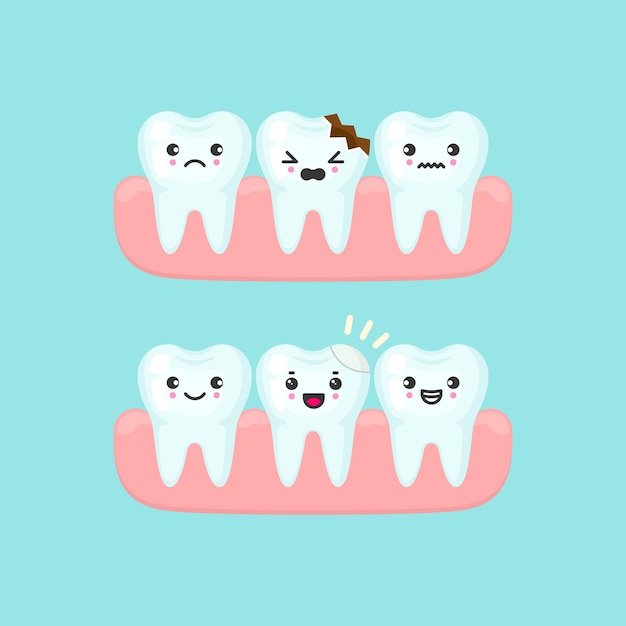 Remplissage Dentaire Sur Un Concept De Stomatologie De Dent Cassée. Illustration Isolée De Dents De Dessin Animé Mignon