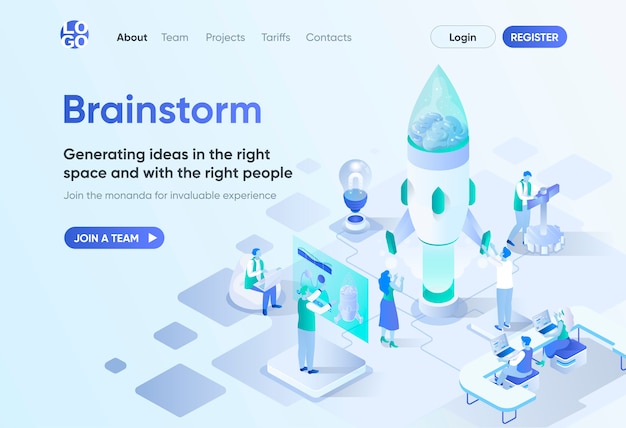 Remue-méninges Page D'atterrissage Isométrique. Génération Et Présentation D'idées D'affaires, Création D'une Nouvelle Solution. Modèle De Session De Brainstorming Pour Cms Et Constructeur De Site Web. Scène D'isométrie Avec Des Personnages.